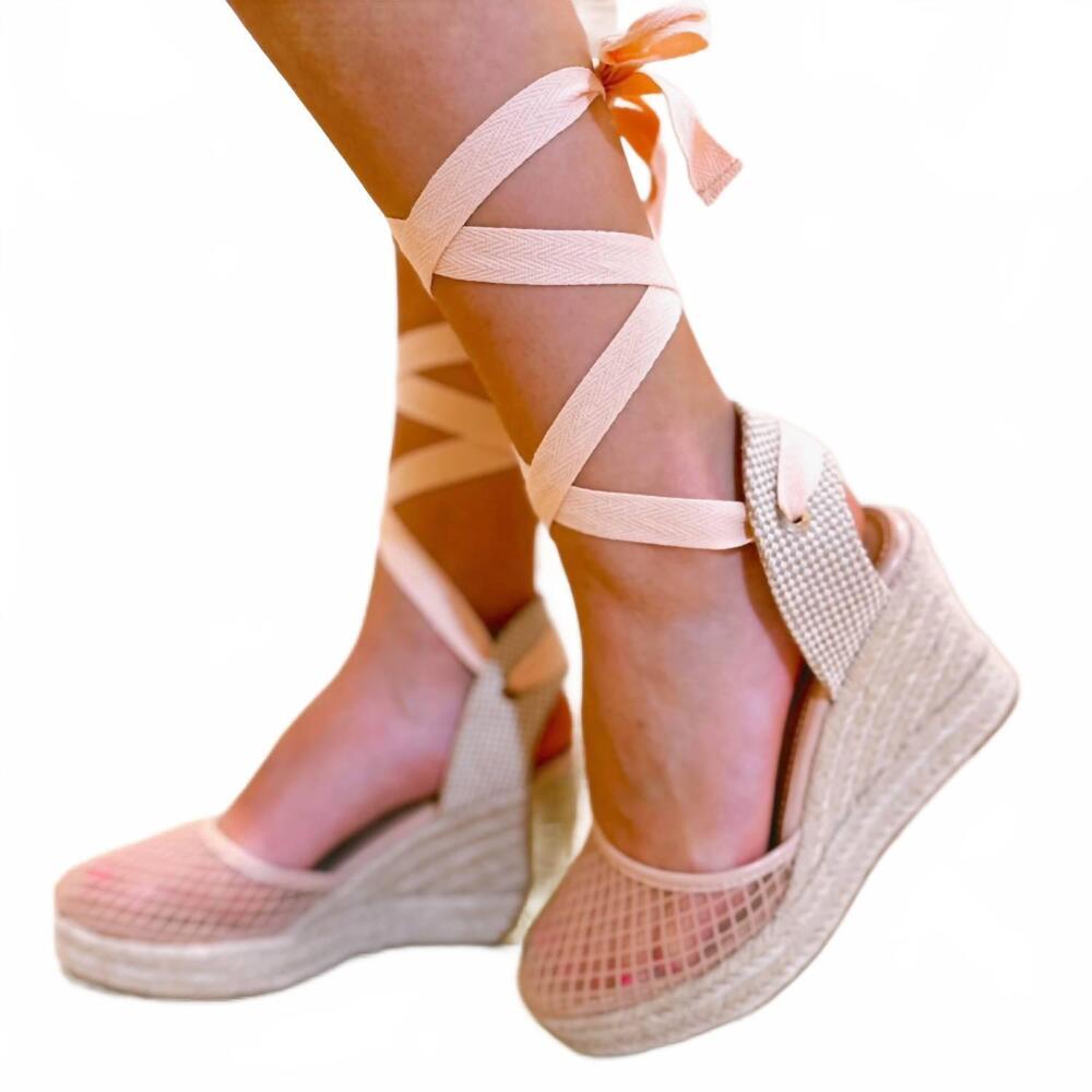 NEW BAMBOO women's ditch 21 mesh leg wrap wedge sandal in nude